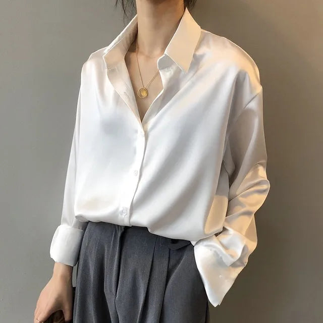 Mujer Blusa de Satén para Oficina y Eventos en Blanco