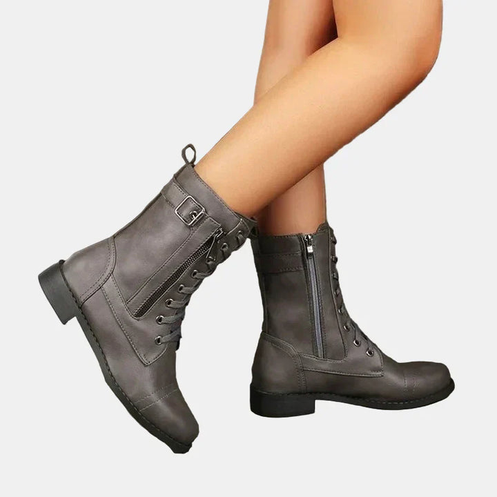 Mujer Botas de cuero con punta redonda para otoño en Gris