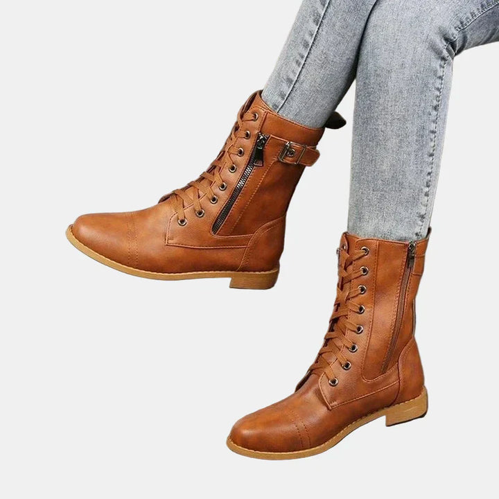 Mujer Botas de cuero con punta redonda para otoño en Marrón