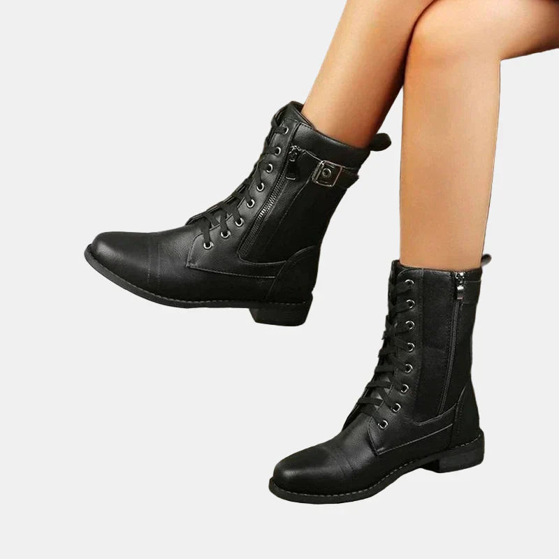 Mujer Botas de cuero con punta redonda para otoño en Negro