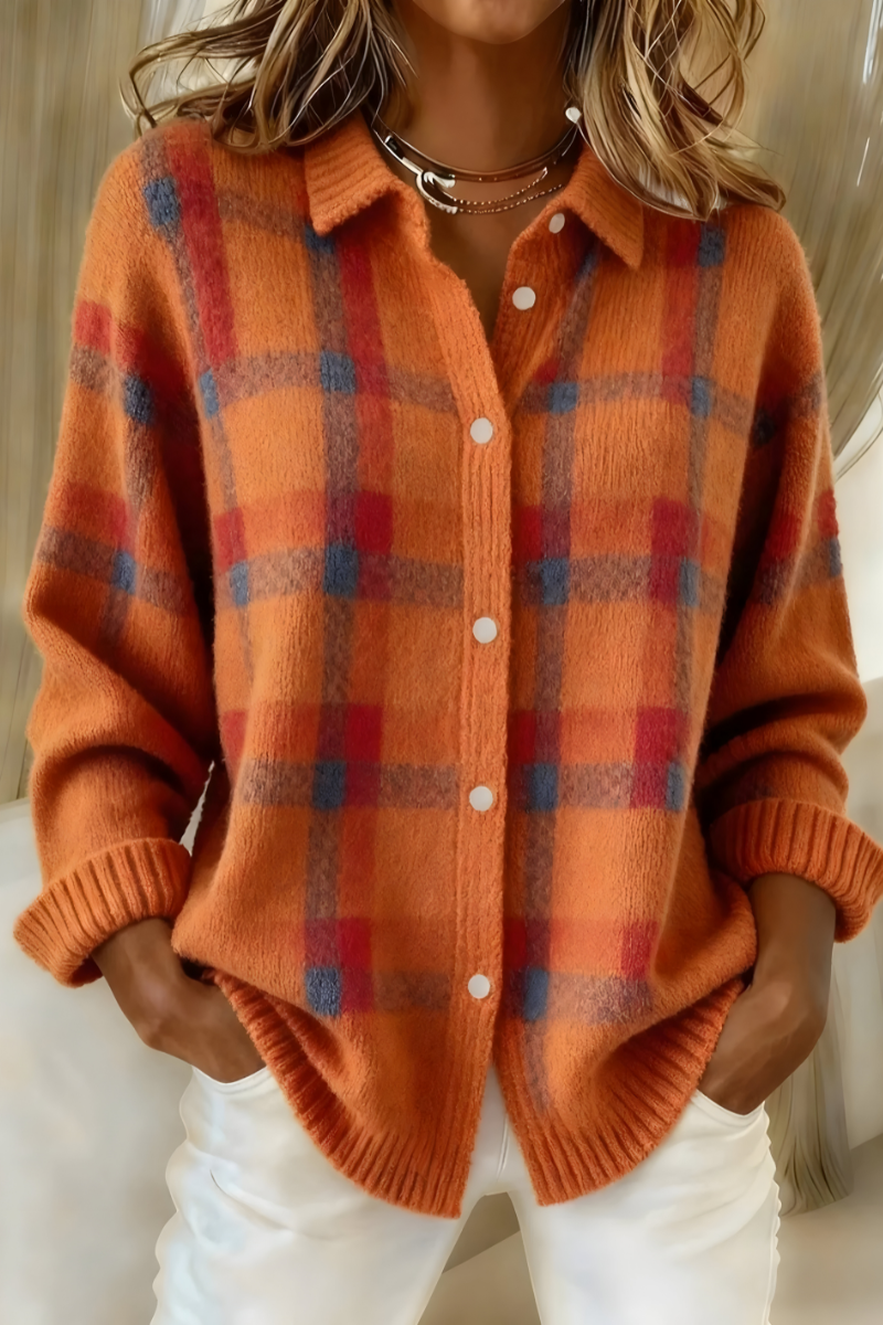 Mujer Cárdigan Acogedor de Cuadros Retro en Naranja