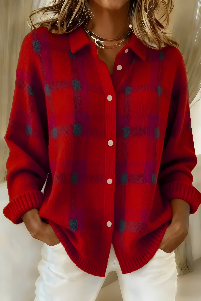 Mujer Cárdigan Acogedor de Cuadros Retro en Rojo