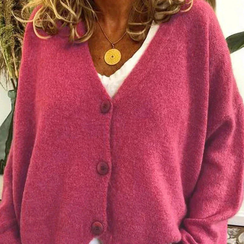 Mujer Cardigan de Punto Clásico en Rosa