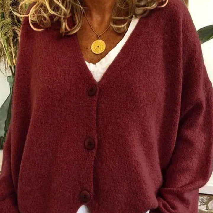 Mujer Cardigan de Punto Escote V Elegante en Burgund