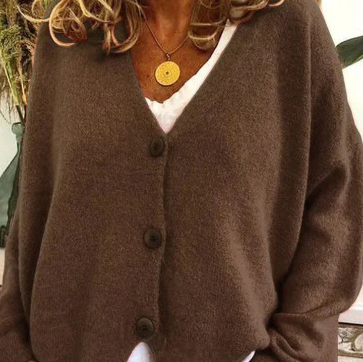 Mujer Cardigan de Punto Escote V Elegante en Kaffee