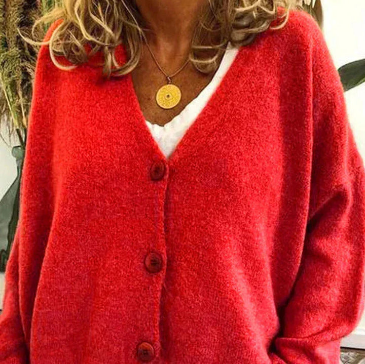 Mujer Cardigan de Punto Escote V Elegante en Rojo