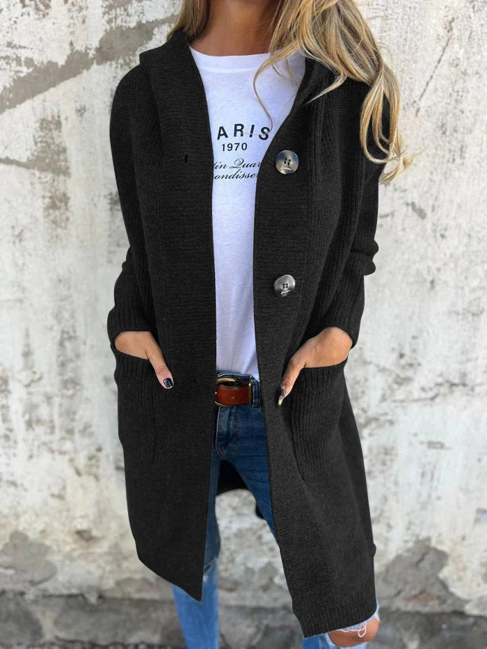 Mujer Cardigan de Punto Longline con Capucha en Negro