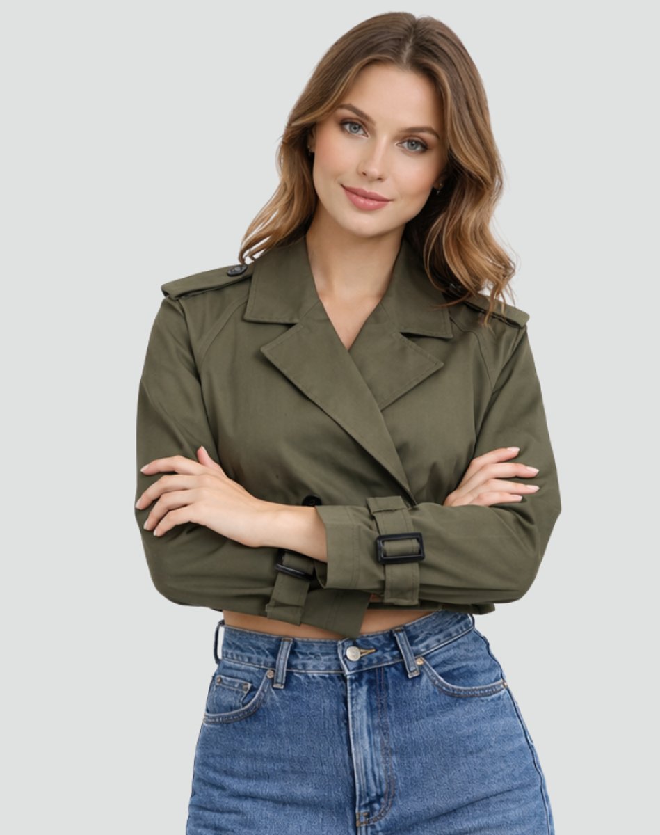 Mujer Chaqueta Corta Elegante Estilo Trench en Army Green
