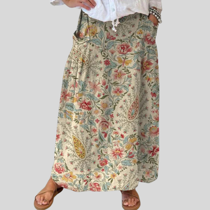 Mujer Falda Lino Floral Relajada