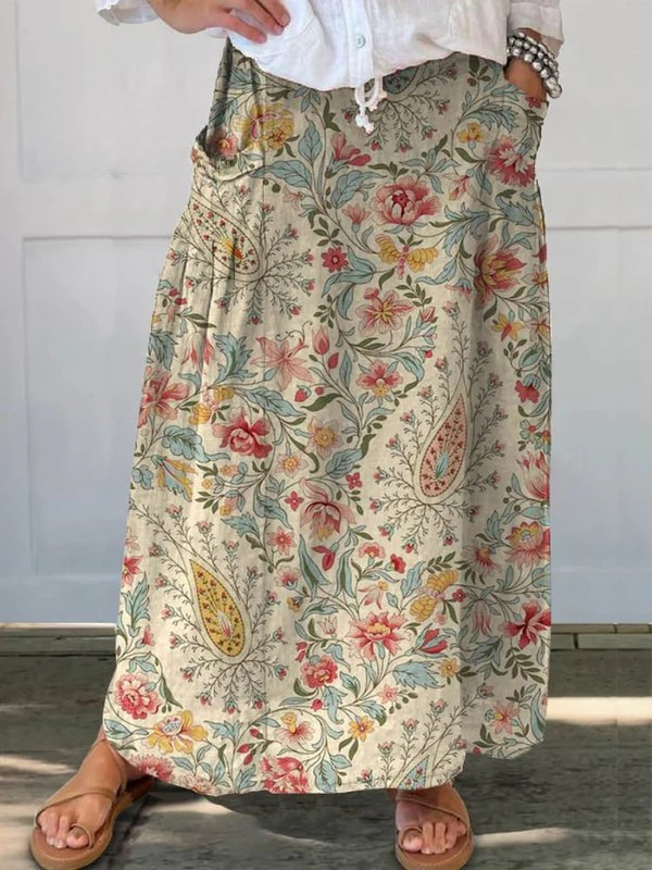Mujer Falda Lino Floral Relajada (2)