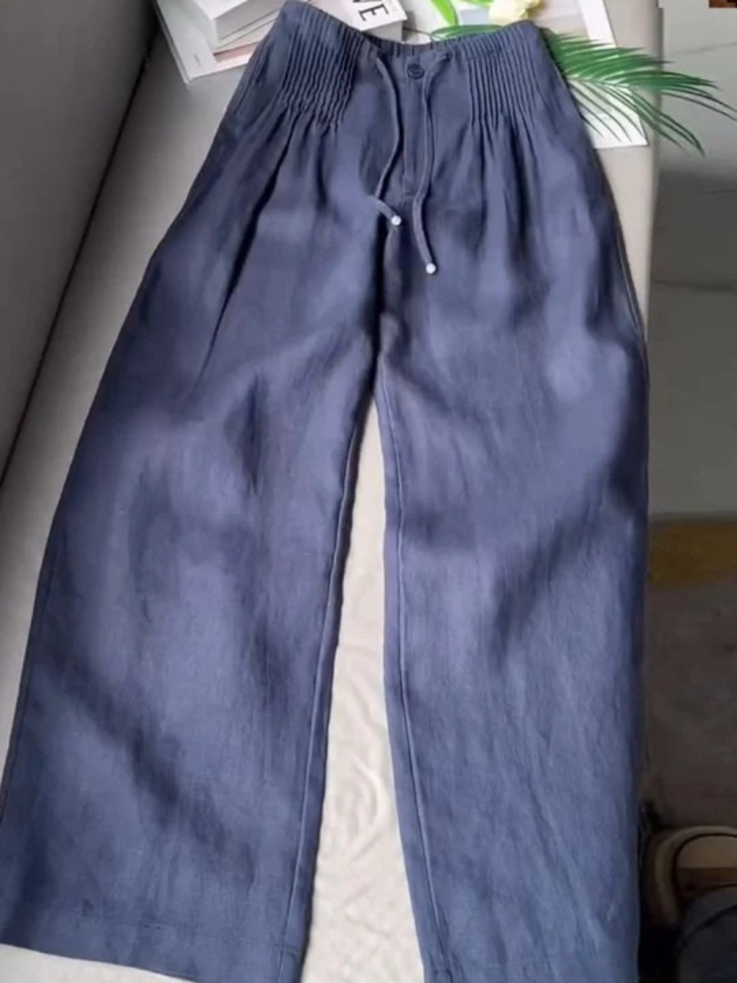 Mujer Pantalones Anchos de Algodón-Lino en Azul marino