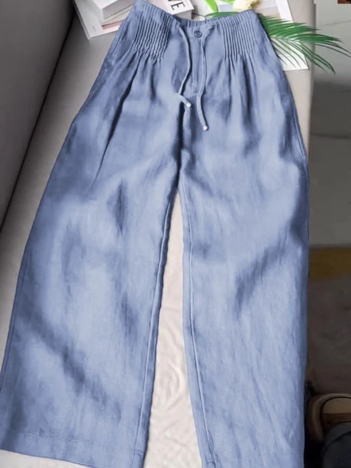 Mujer Pantalones Anchos de Algodón-Lino en Azul