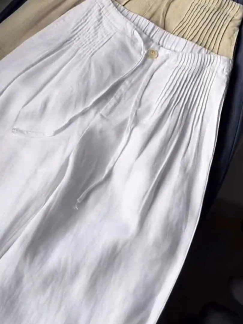 Mujer Pantalones Anchos de Algodón-Lino en Blanco