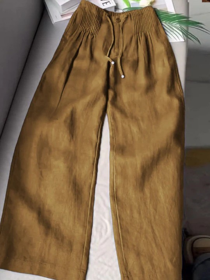 Mujer Pantalones Anchos de Algodón-Lino en Caqui