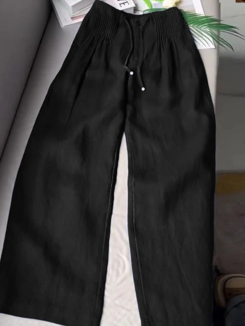 Mujer Pantalones Anchos de Algodón-Lino en Negro