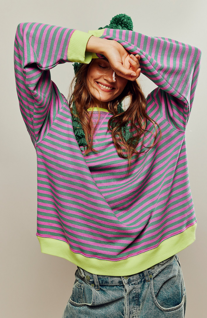 Mujer Pullover a Rayas Oversize en Grün & Rosa