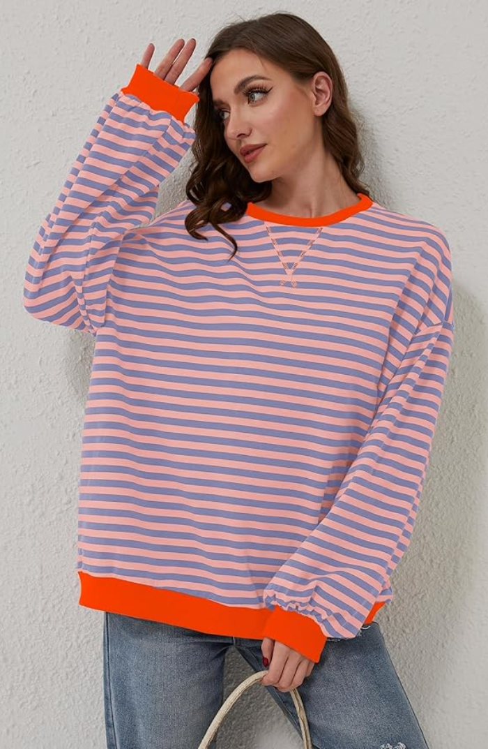 Mujer Pullover a Rayas Oversize en Orange & Blau