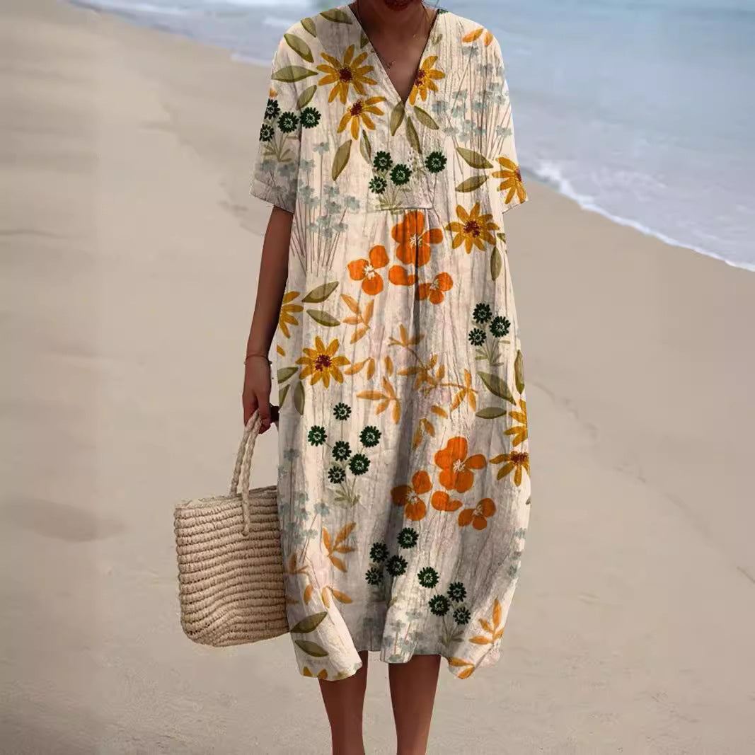Mujer vestido elegante floral para verano en Beige