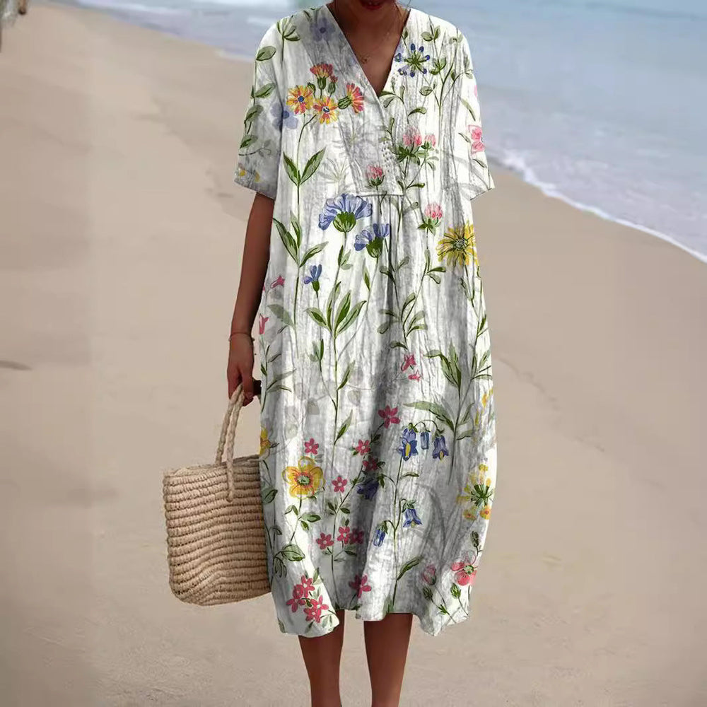 Mujer vestido elegante floral para verano en Blanco