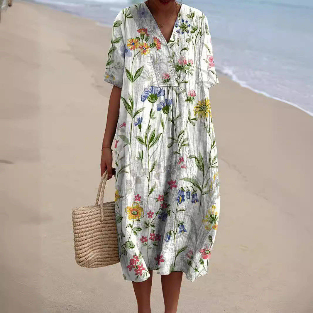 Mujer vestido elegante floral para verano en Blanco