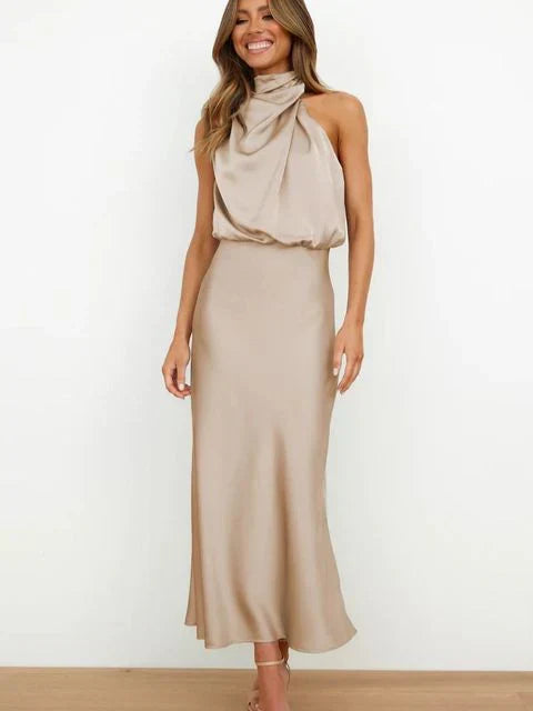 Mujer Vestido Festivo Midi de Otoño en Beige