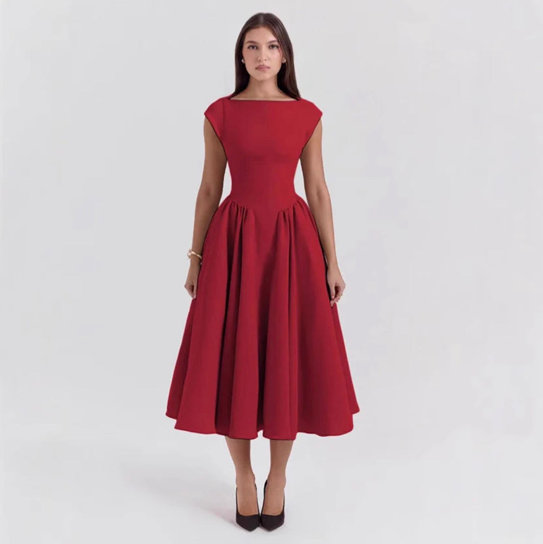 Mujer Vestido Midi Estructurado para Invitada de Boda en Rojo