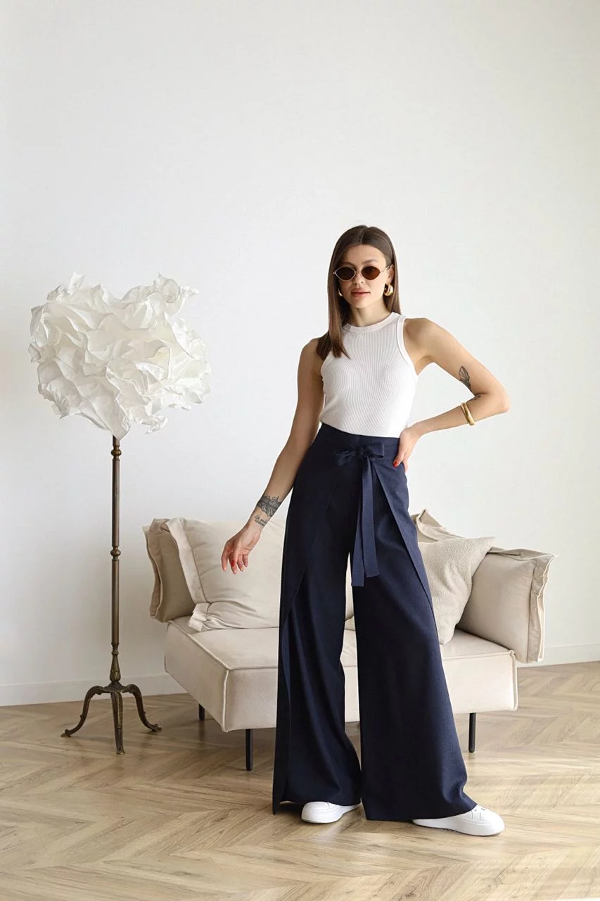 Pantalones Anchos Elegantes de Lino en Azul
