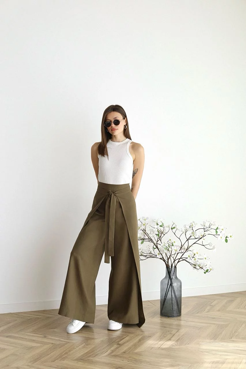 Pantalones Anchos Elegantes de Lino en Caqui