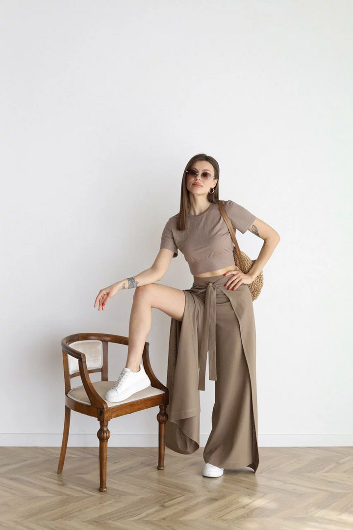 Pantalones Anchos Elegantes de Lino en Mokka