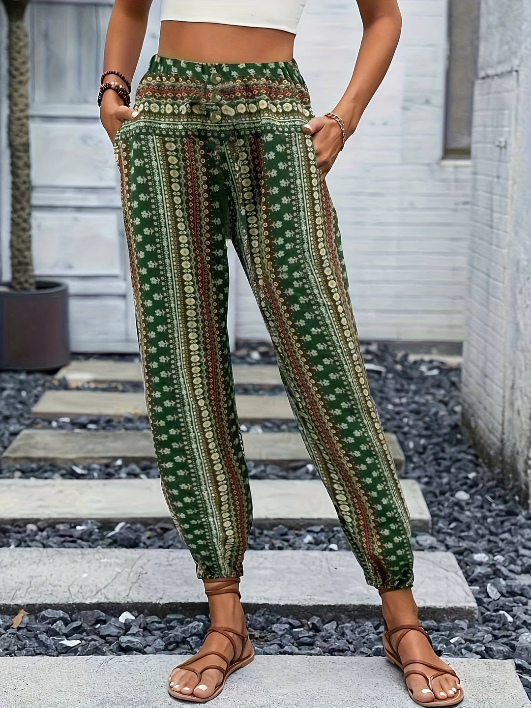 Pantalones Boho Cintura Alta en Verde