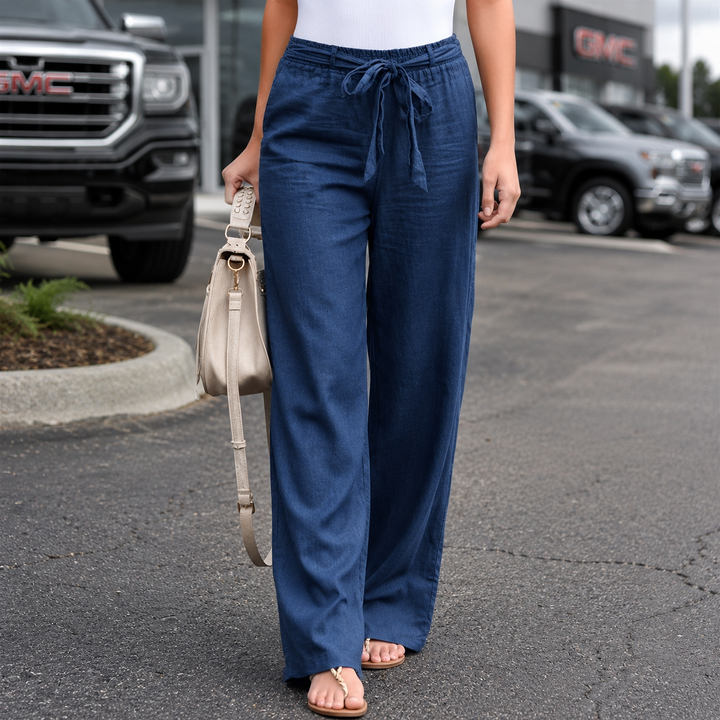Pantalones de Lino Relajados en Azul oscuro