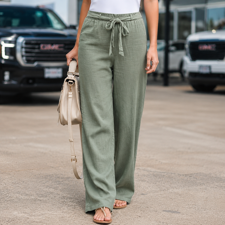 Pantalones de Lino Relajados en Verde