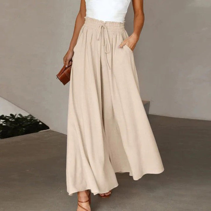 Pantalones Lino Cintura Alta en Beige