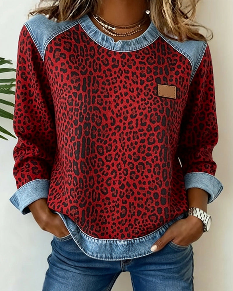 Pullover Mujer Leopardo Patchwork en Rojo