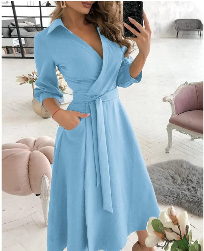 Schickes Midi-Kleid mit Gürtel en Azul