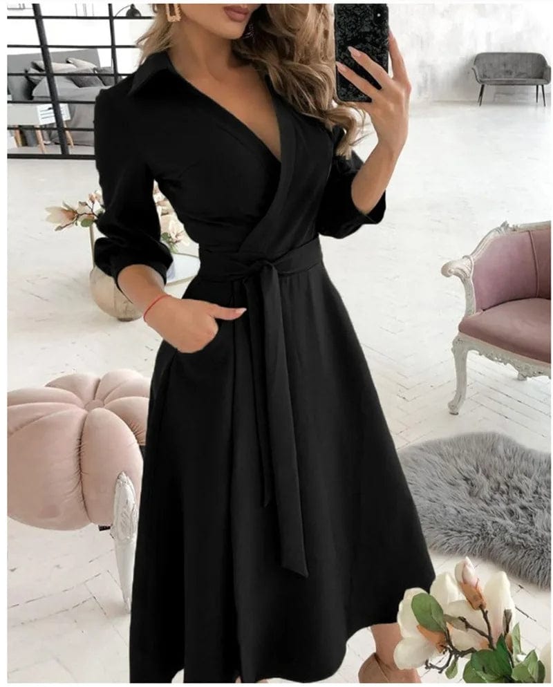 Schickes Midi-Kleid mit Gürtel en Negro