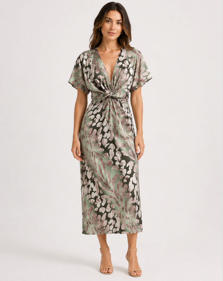 Sofisticado vestido de cóctel maxi envolvente para mujer en Verde
