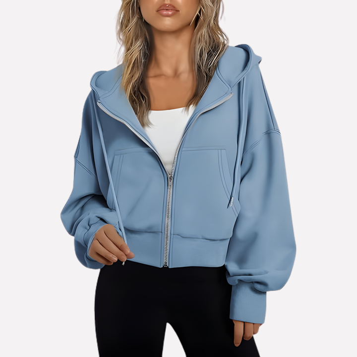 Sudadera con Capucha Mujer Relajada Cremallera Corta en Azul claro