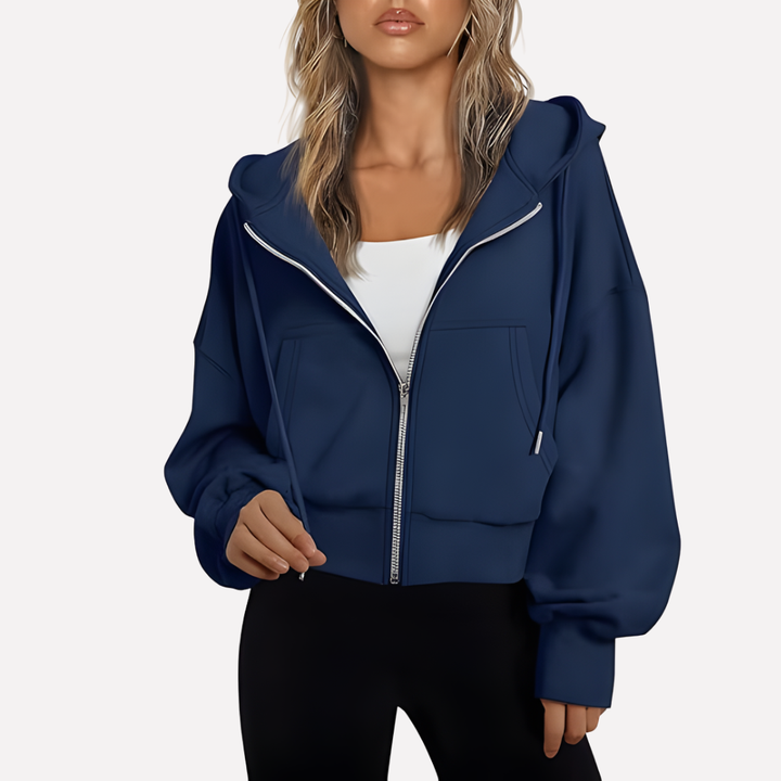 Sudadera con Capucha Mujer Relajada Cremallera Corta en Azul marino