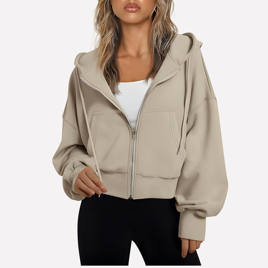 Sudadera con Capucha Mujer Relajada Cremallera Corta en Beige