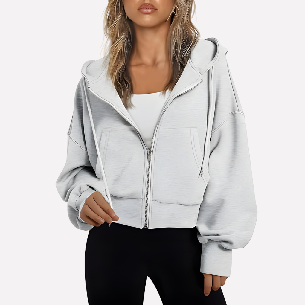 Sudadera con Capucha Mujer Relajada Cremallera Corta en Blanco