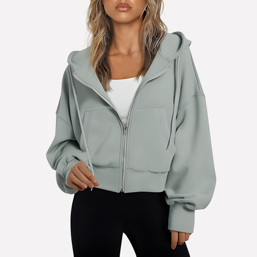 Sudadera con Capucha Mujer Relajada Cremallera Corta en Gris claro