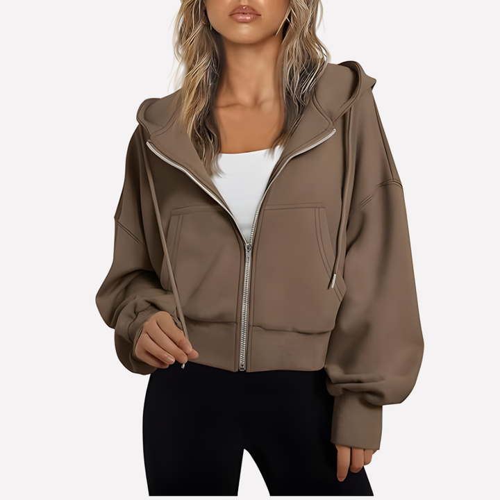 Sudadera con Capucha Mujer Relajada Cremallera Corta en Gris oscuro