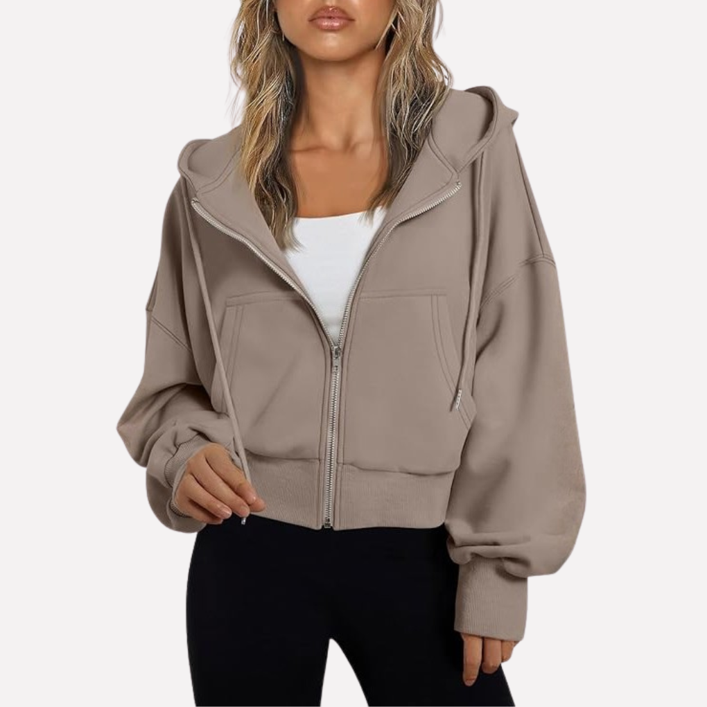 Sudadera con Capucha Mujer Relajada Cremallera Corta en Marrón