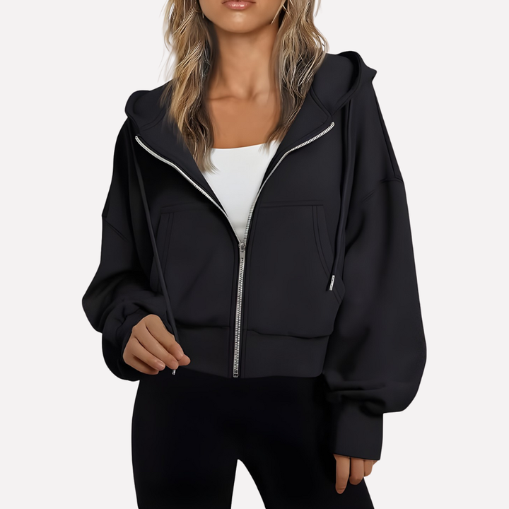 Sudadera con Capucha Mujer Relajada Cremallera Corta en Negro