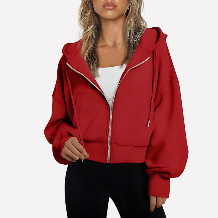 Sudadera con Capucha Mujer Relajada Cremallera Corta en Rojo