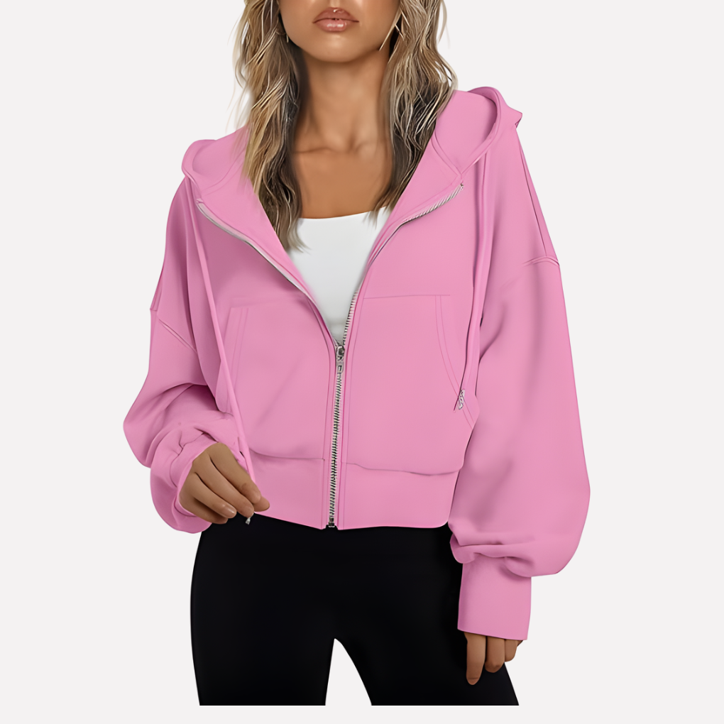 Sudadera con Capucha Mujer Relajada Cremallera Corta en Rosa