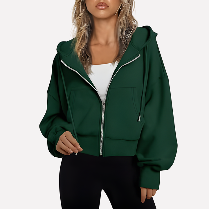 Sudadera con Capucha Mujer Relajada Cremallera Corta en Verde oscuro
