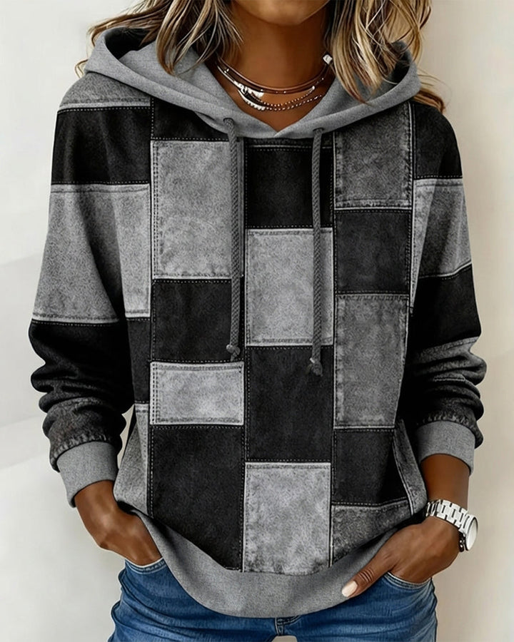 Sudadera Mujer Algodón Manga Larga a Cuadros en Gris