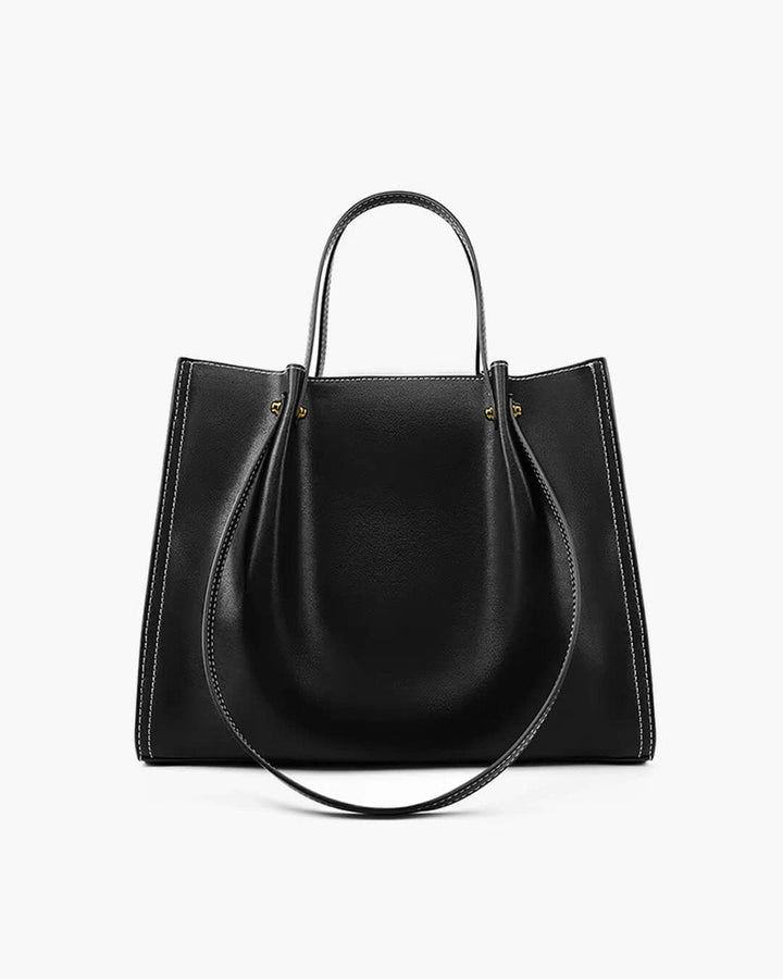 Vegan Leather Contrast-Stitch Structured Tote en Negro